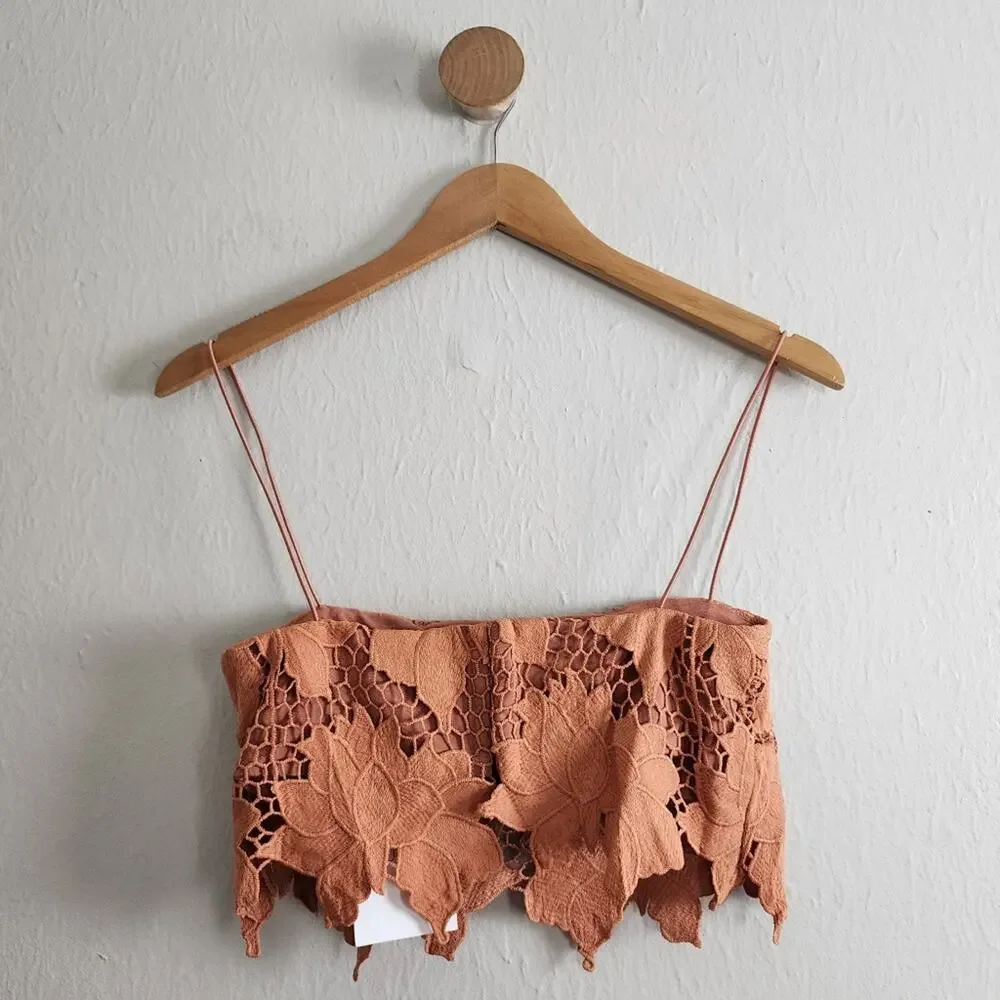 Rumer The Label Tropez Rust Orange Floral Lace Asymmetric Crop Top Medium NWT - Picture 12 of 13